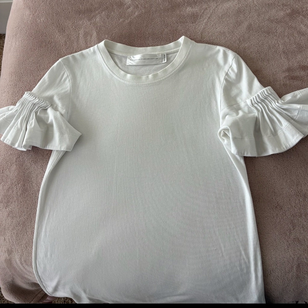 Victoria Beckham White Ruffle Sleeve Tee
